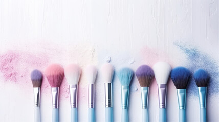 Background image, Pastel pink and blue makeup brushes laid flat on a white surface. AI Generated