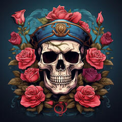 Bandit skull with roses illustration. AI Generated