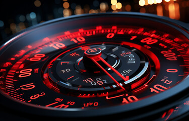 closeup speedometer with red number on the dashboard. AI Generated