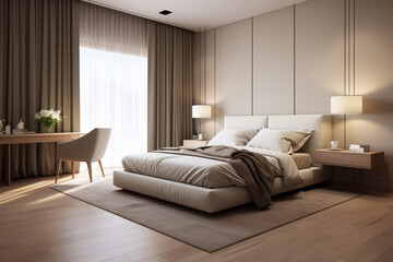 Bedroom interior. beige tones design. AI Generated