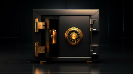 Black bank safe with open steel door and golden light . AI Generated - obrazy, fototapety, plakaty
