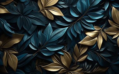 blue leaves on a black background. AI Generated