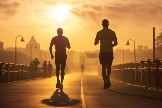 closed up men from behind jogging on morning ray of light. AI Generated
