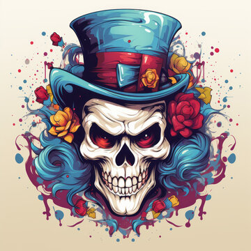 Clown skull wearing mafia hat illustration. AI Generated