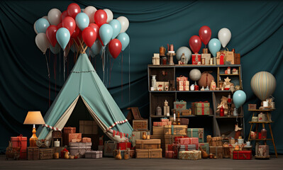 circus tent with balloons and gift bundles on top of a blue background. AI Generated