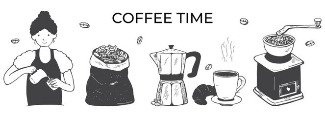 coffee time vector sketch. coffee mug, barista, coffee grinder, coffee maker, coffee bag vector sketch