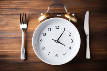 Concept of intermittent fasting, showing an empty plate and a clock. The practice of eating within specific time. AI Generated