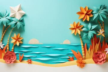 colorful summer time background with tropical beach paper craft style. AI Generated