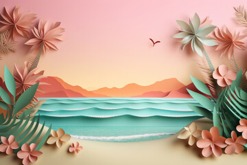 Fototapeta na wymiar colorful summer time background with tropical beach paper craft style. AI Generated