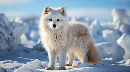 Printed kitchen splashbacks Arctic fox A polar fox (Vulpes lagopus) prowling the icy landscapes of Svalbard, its fluffy white coat a perfect camouflage against the endless expanse of snow and ice.