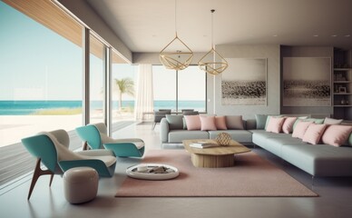 Generative AI illustration of mid-century modern beachfront villa interior design, Generative AI