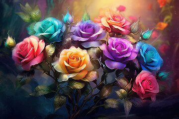 Fototapeta na wymiar Fantasy colorful roses bouquet with water raindrops on background
