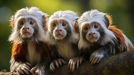 A group of Emperor Tamarins (Saguinus imperator) playing in the Amazon Rainforest, their long, white mustaches and agile bodies a charming display of social behavior.