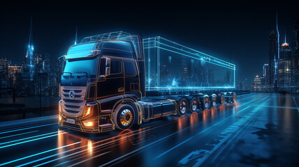 Futuristic truck with trailer scene with wireframe intersection Illustration. AI Generated - obrazy, fototapety, plakaty
