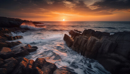 Beautiful sunrise with the rocks in the foreground, the ocean and the sun in the background