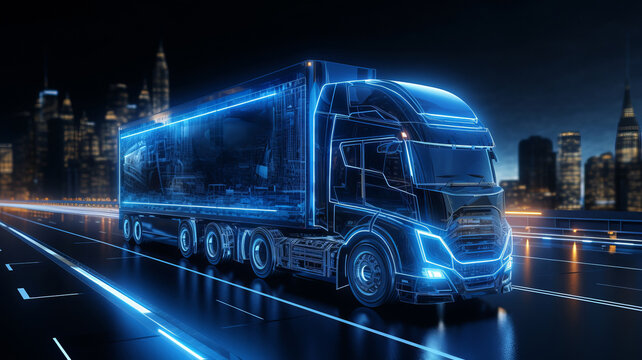 Futuristic truck with trailer scene with wireframe intersection Illustration. AI Generated
