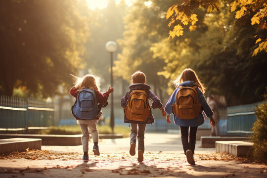 Elementary School Kids From Behind With Backpacks Running. AI Generated