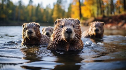 A family of North American beavers (Castor canadensis) working on their dam in a Canadian river, their industrious behavior and fluffy tails creating an endearing scene. - obrazy, fototapety, plakaty