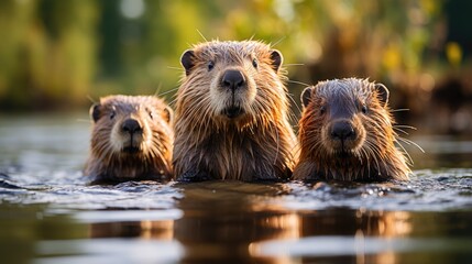 A family of North American beavers (Castor canadensis) working on their dam in a Canadian river, their industrious behavior and fluffy tails creating an endearing scene. - obrazy, fototapety, plakaty