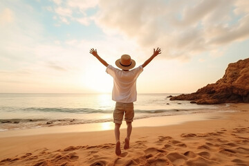 Fototapeta premium boy 10 years old jump with his arms outstretched on the beach. AI Generated