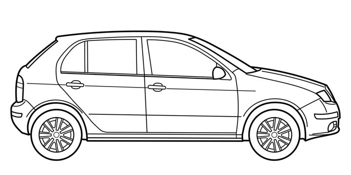 Outline drawing of a hatchback car from side view. Classic style. Vector outline doodle illustration. Design for print or color book