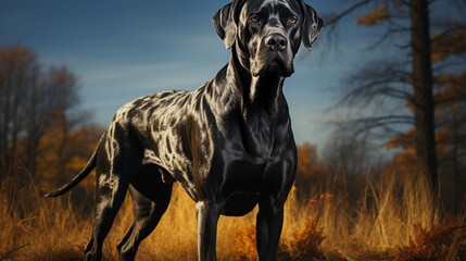 Obraz na płótnie Canvas A Great Dane (Canis lupus familiaris) standing majestically in a park, its immense size and sleek coat making it a truly regal presence.