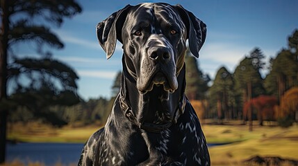 A Great Dane (Canis lupus familiaris) standing majestically in a park, its immense size and sleek coat making it a truly regal presence.