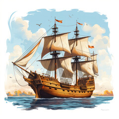 Pilgrim ship. Mayflower. Thanks giving day. Illustration. AI Generated