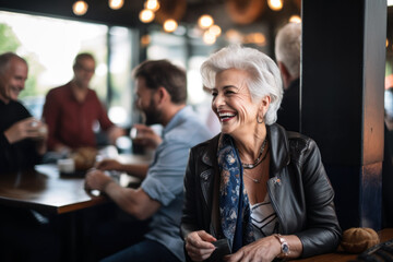 Elderly good looking woman is drinking coffee in a cafe and smiling.