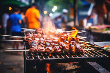 Barbecue on the grill. Street food at a market in Asia. - obrazy, fototapety, plakaty