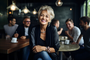 Elderly good looking woman is drinking coffee in a cafe and smiling.