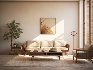 mid-century interior, living room, in the style of y2k aesthetic, serene mood, natural light. AI Generated