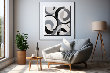 retro art trendy wall art grey white and black framed. AI Generated