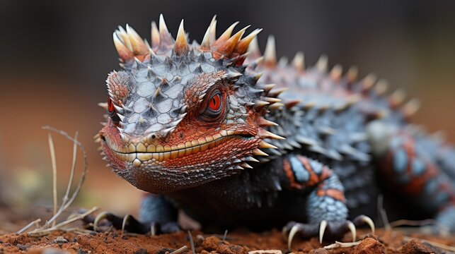 A Thorny Devil (Moloch horridus) creeping across the red sands of Australia's Outback, its spiky skin and camouflaged coloration a remarkable sight against the barren backdrop.