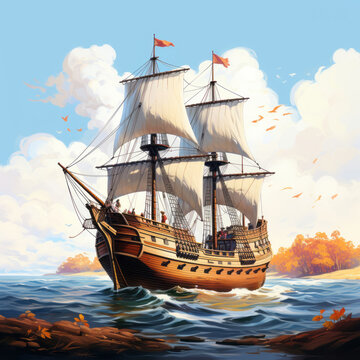 Pilgrim ship. Mayflower. Thanks giving day. Illustration. AI Generated