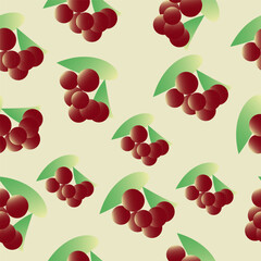 Vector seamless pattern - red rowan branch. Bunch of red rowan berries. Rowan branch with green leaves. Vector illustration. Autumn background