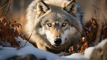 Obraz premium A grey wolf (Canis lupus) on the hunt in Yellowstone National Park, its piercing gaze and stealthy gait a picture of primal focus and intensity.