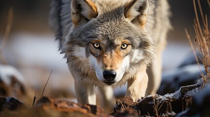 A grey wolf (Canis lupus) on the hunt in Yellowstone National Park, its piercing gaze and stealthy gait a picture of primal focus and intensity.