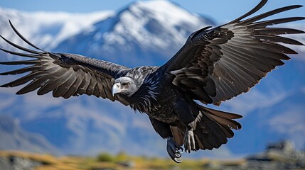 Obraz premium An Andean Condor (Vultur gryphus) soaring above the rugged peaks of Peru's Colca Canyon, its black and white plumage and massive wingspan a majestic sight against the blue sky.