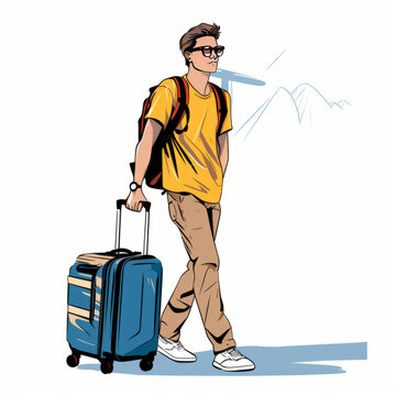 Illustration of a tourist, 25 year old, luggage, simple, minimal, flat color, comic book style.. AI Generated