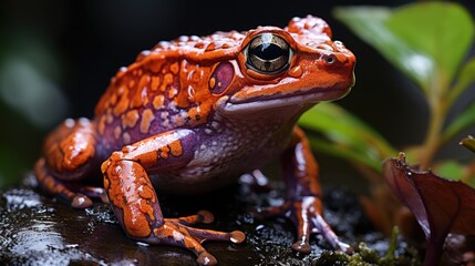 A Tomato Frog (Dyscophus antongilii) sitting still in the rainforest of Madagascar, its red-orange body a fascinating sight against the dark forest floor.