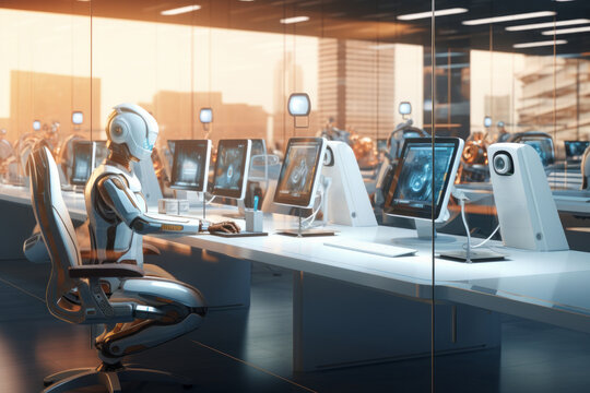 Visualize a futuristic office scene where robots are seated at a sleek desk, operating PCs, robots, tasks, such as typing, human colleagues.. AI Generated