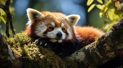 Naklejka premium A red panda (Ailurus fulgens) napping in the crook of a tree in the Himalayan forests, its striped tail and rust-colored fur standing out against the verdant green.