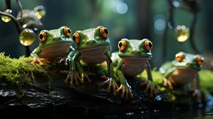 A group of Marsupial Frogs (Gastrotheca sp.) hopping through the rainforest floor in South America, their back pouches with eggs a fascinating sight against the green foliage.
