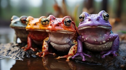 Naklejka premium A group of Argentine Horned Frogs (Ceratophrys ornata) sitting in a swamp in South America, their large mouths and colorful bodies a fascinating sight against the muddy ground.