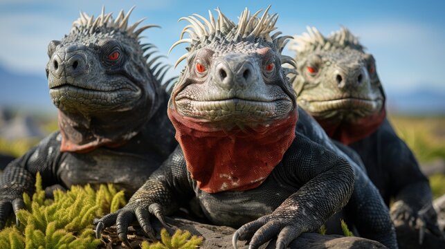 A group of Galapagos marine iguanas (Amblyrhynchus cristatus) basking on the volcanic rocks of Fernandina Island, their spiky forms and relaxed poses a unique display of island life.