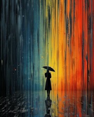 Silhouette of woman (holding an umbrella) in the rain with vertical color field, AI-generative
