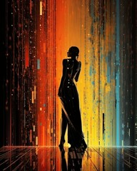 Silhouette of woman in the rain with vertical color field, AI-generative