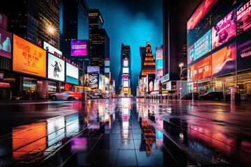 A blank billboard stands out in the colorful vibrancy of Times Square New York, waiting for a...