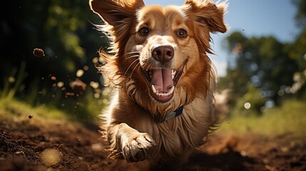 A Golden Retriever (Canis lupus familiaris) playfully fetching a frisbee in a grassy park, its golden fur glistening in the sun, displaying pure joy and energy.